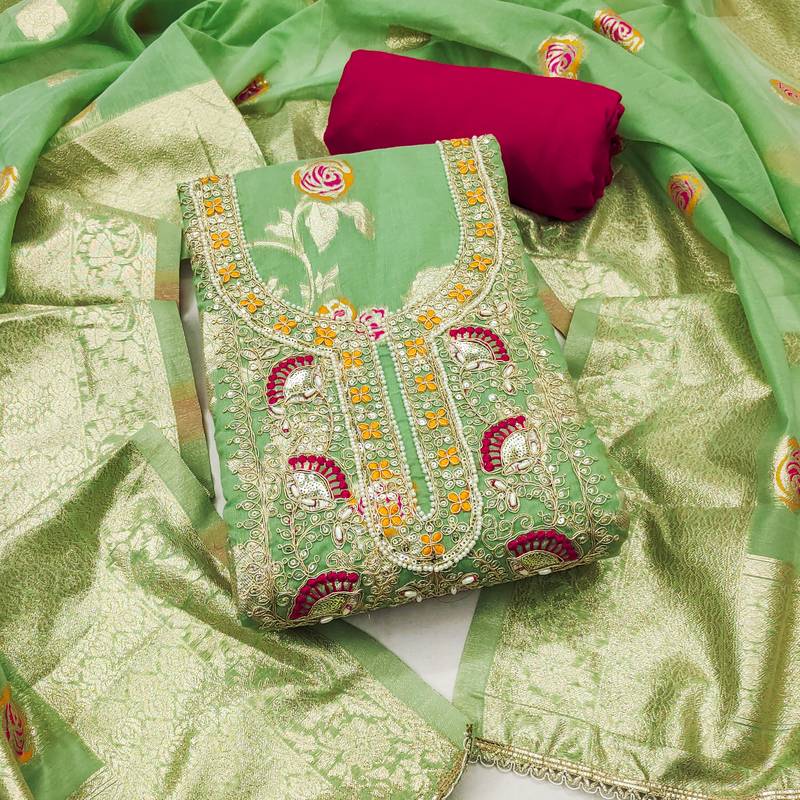 yellow weaved silk blend  blend unstitched dress material 