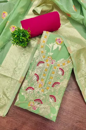 yellow weaved silk blend  blend unstitched dress material 