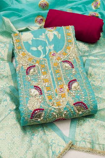 sky blue weaved silk blend  blend unstitched dress material 