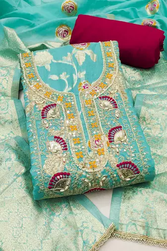 sky blue weaved silk blend  blend unstitched dress material 