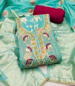 sky blue weaved silk blend  blend unstitched dress material 