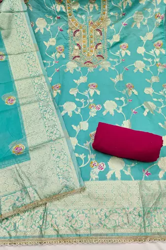 sky blue weaved silk blend  blend unstitched dress material 