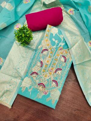 sky blue weaved silk blend  blend unstitched dress material  4