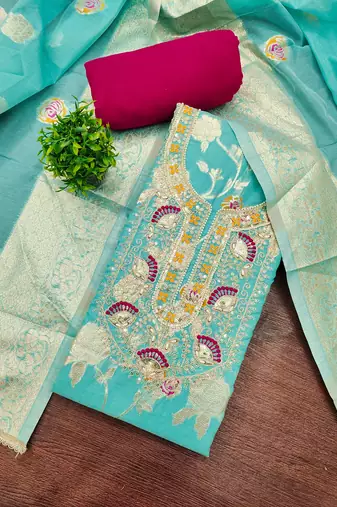 sky blue weaved silk blend  blend unstitched dress material 
