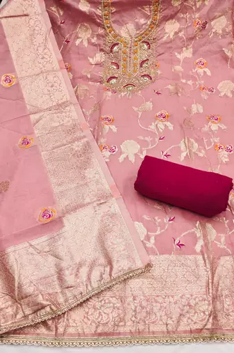 baby pink weaved silk blend  blend unstitched dress material 