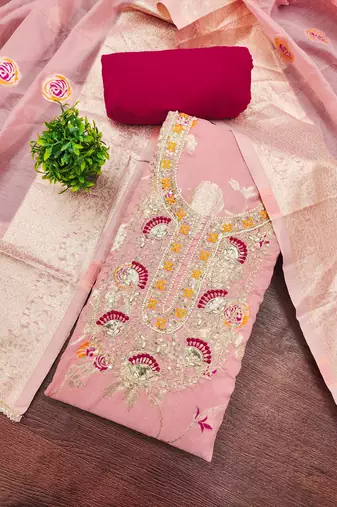 baby pink weaved silk blend  blend unstitched dress material 