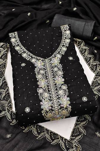 black embroidered vichitra cotton unstitched dress material 