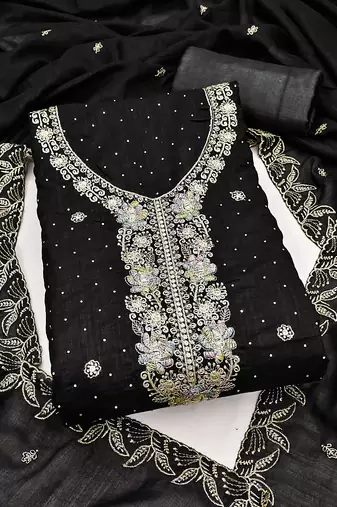 black embroidered vichitra cotton unstitched dress material 