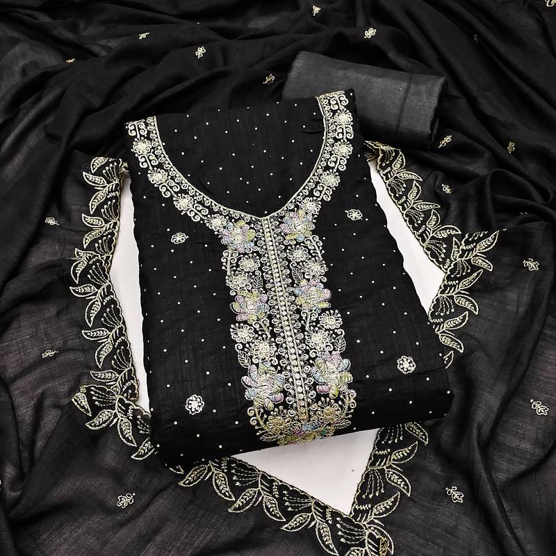 black embroidered vichitra cotton unstitched dress material 