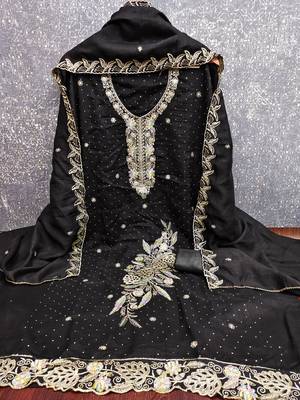 black embroidered vichitra cotton unstitched dress material  2