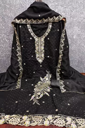 black embroidered vichitra cotton unstitched dress material 