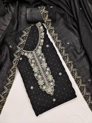 black embroidered vichitra cotton unstitched dress material  3