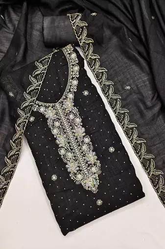 black embroidered vichitra cotton unstitched dress material 