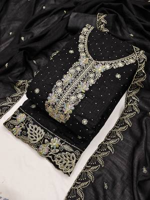 black embroidered vichitra cotton unstitched dress material  4