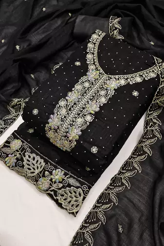 black embroidered vichitra cotton unstitched dress material 