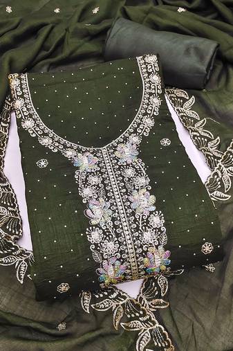 green embroidered vichitra cotton unstitched dress material 