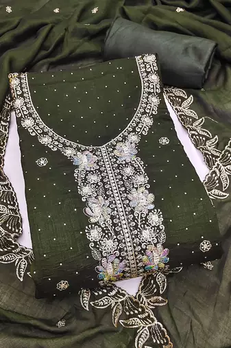 green embroidered vichitra cotton unstitched dress material 
