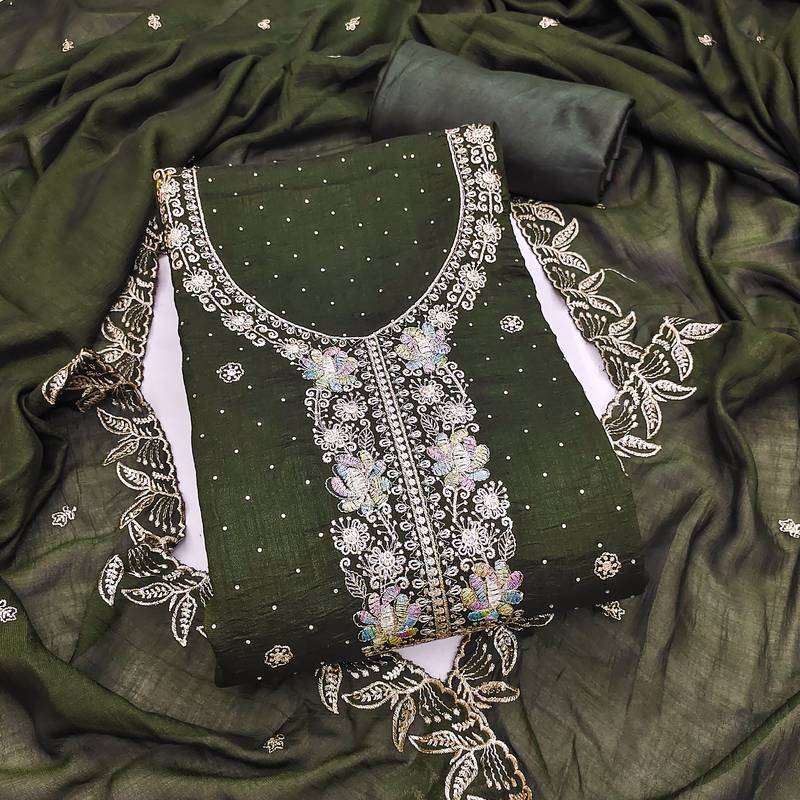 green embroidered vichitra cotton unstitched dress material 
