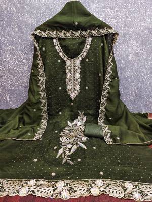 green embroidered vichitra cotton unstitched dress material  2