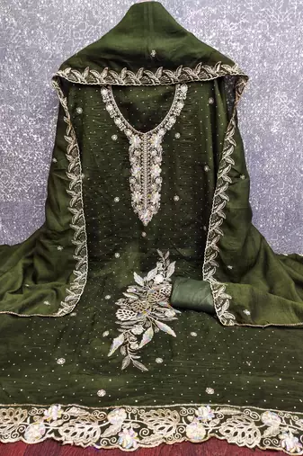 green embroidered vichitra cotton unstitched dress material 