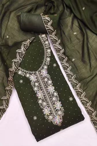 green embroidered vichitra cotton unstitched dress material 