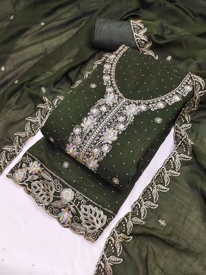 green embroidered vichitra cotton unstitched dress material  4