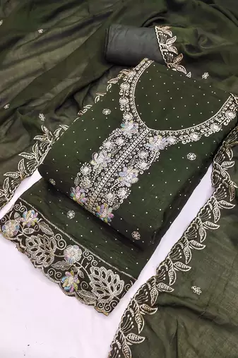 green embroidered vichitra cotton unstitched dress material 