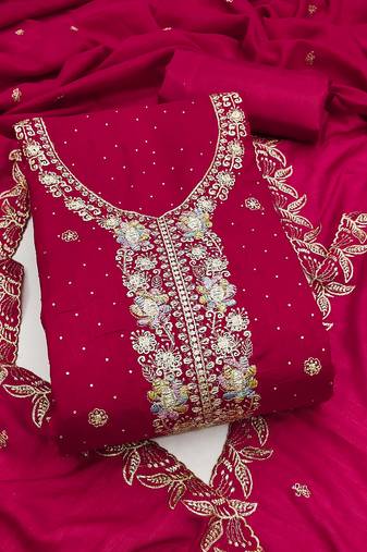 magenta embroidered vichitra cotton unstitched dress material 