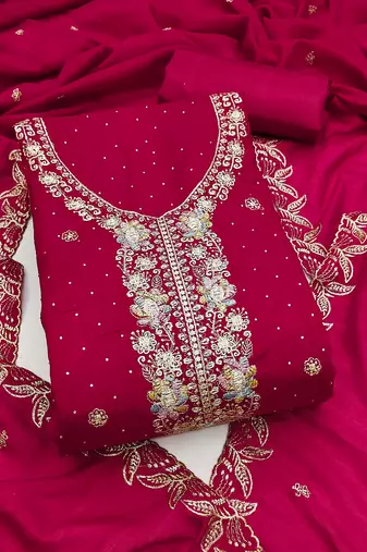 magenta embroidered vichitra cotton unstitched dress material 