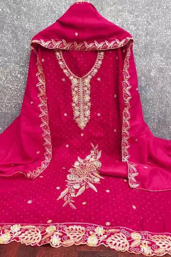 magenta embroidered vichitra cotton unstitched dress material 