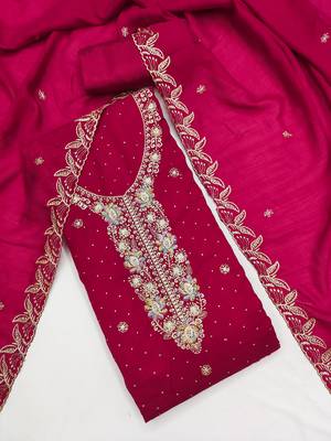 magenta embroidered vichitra cotton unstitched dress material  3