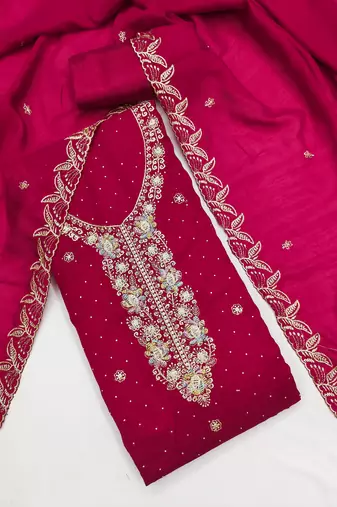 magenta embroidered vichitra cotton unstitched dress material 