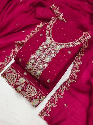 magenta embroidered vichitra cotton unstitched dress material  4