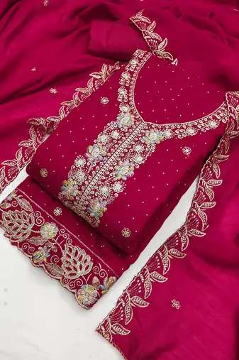 magenta embroidered vichitra cotton unstitched dress material 
