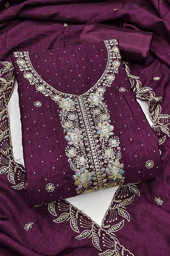 purple embroidered vichitra cotton unstitched dress material 