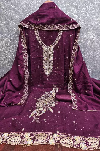 purple embroidered vichitra cotton unstitched dress material 