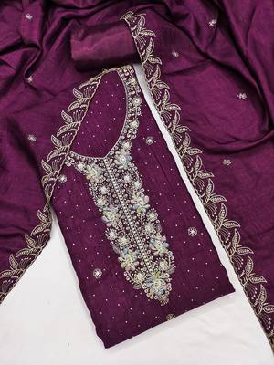 purple embroidered vichitra cotton unstitched dress material  3