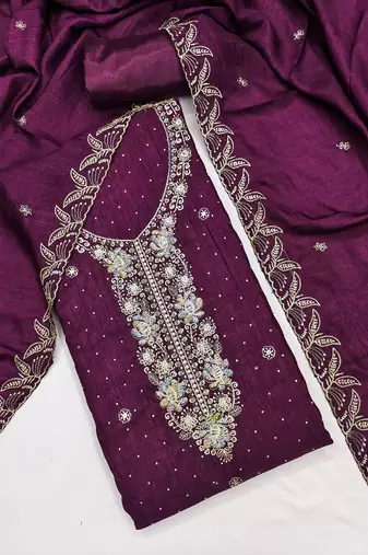 purple embroidered vichitra cotton unstitched dress material 