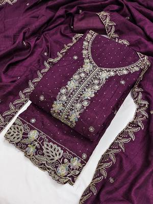 purple embroidered vichitra cotton unstitched dress material  4