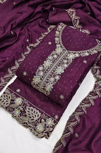 purple embroidered vichitra cotton unstitched dress material 