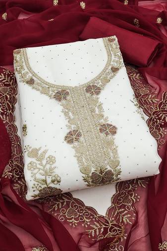 white embroidered georgette unstitched dress material 
