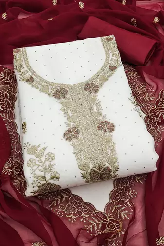 white embroidered georgette unstitched dress material 