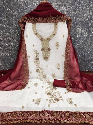 white embroidered georgette unstitched dress material  2