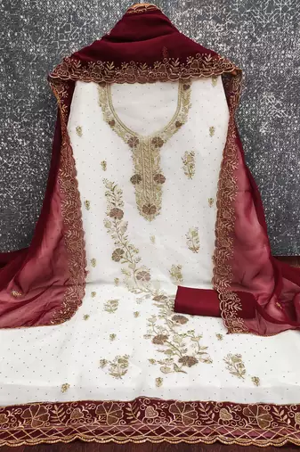 white embroidered georgette unstitched dress material 