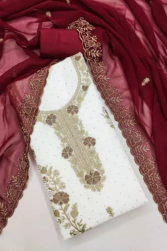 white embroidered georgette unstitched dress material 