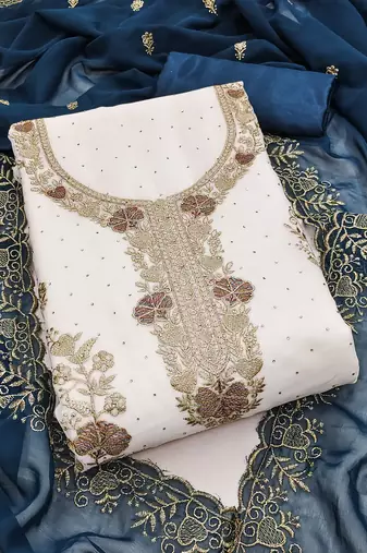 white embroidered georgette unstitched dress material 