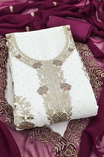 white embroidered georgette unstitched dress material 