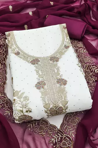 white embroidered georgette unstitched dress material 