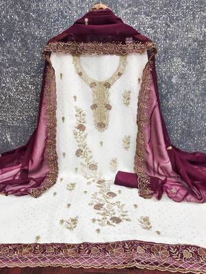 white embroidered georgette unstitched dress material  2