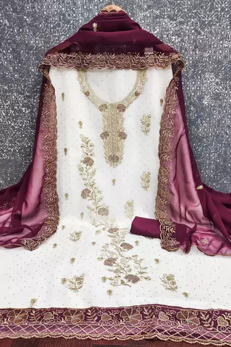 white embroidered georgette unstitched dress material 